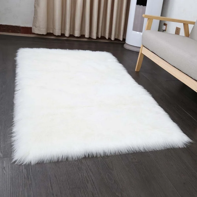 White Soft Plain Fluffy Bedrooms Faux Fur Fake Single Mat Sheepskin Hairy Rug US 