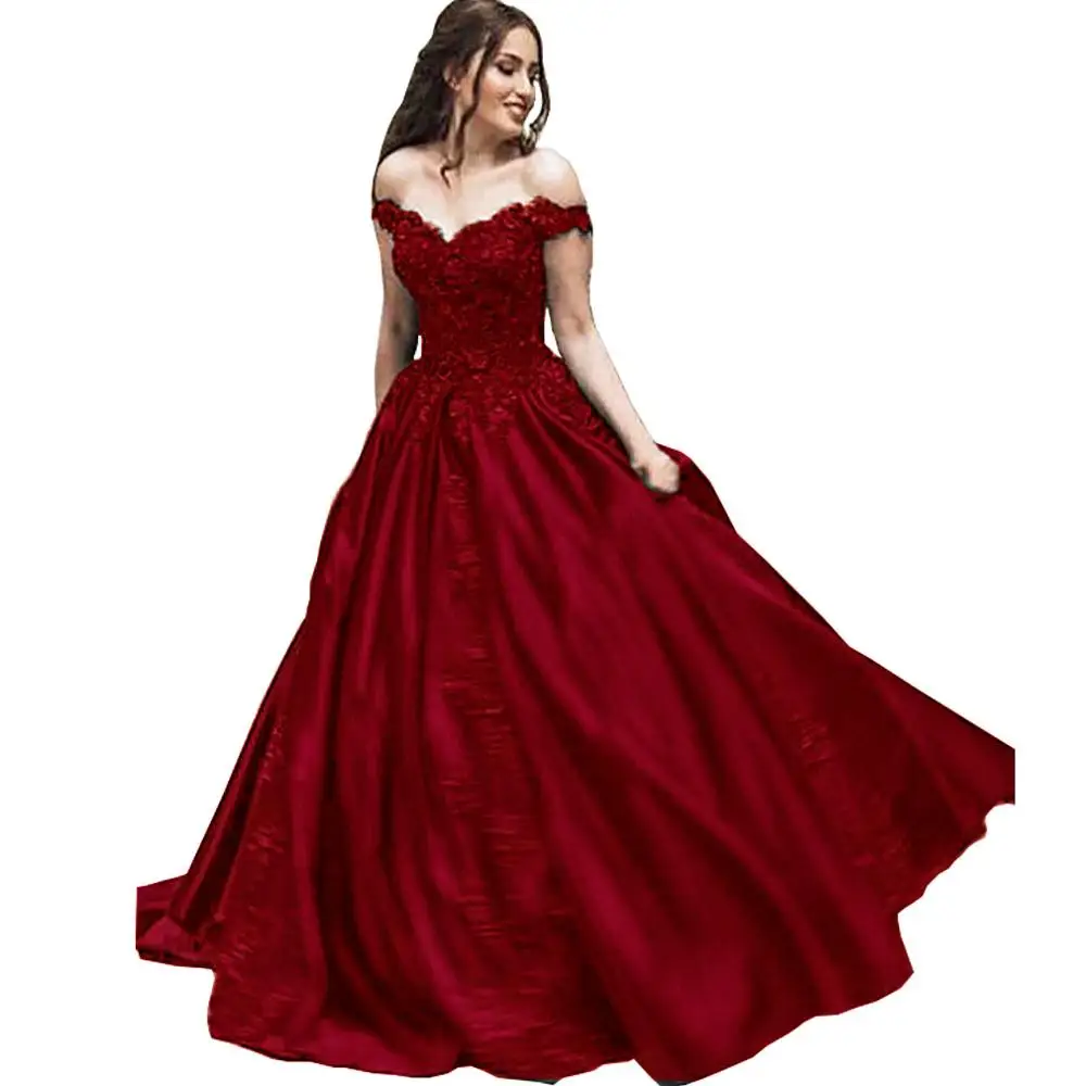 Винтажное платье для выпускного вечера с открытыми плечами для женщин, кружевные аппликации, атласные элегантные вечерние платья для свадебной вечеринки, Vestidos de Gala - Цвет: Красный
