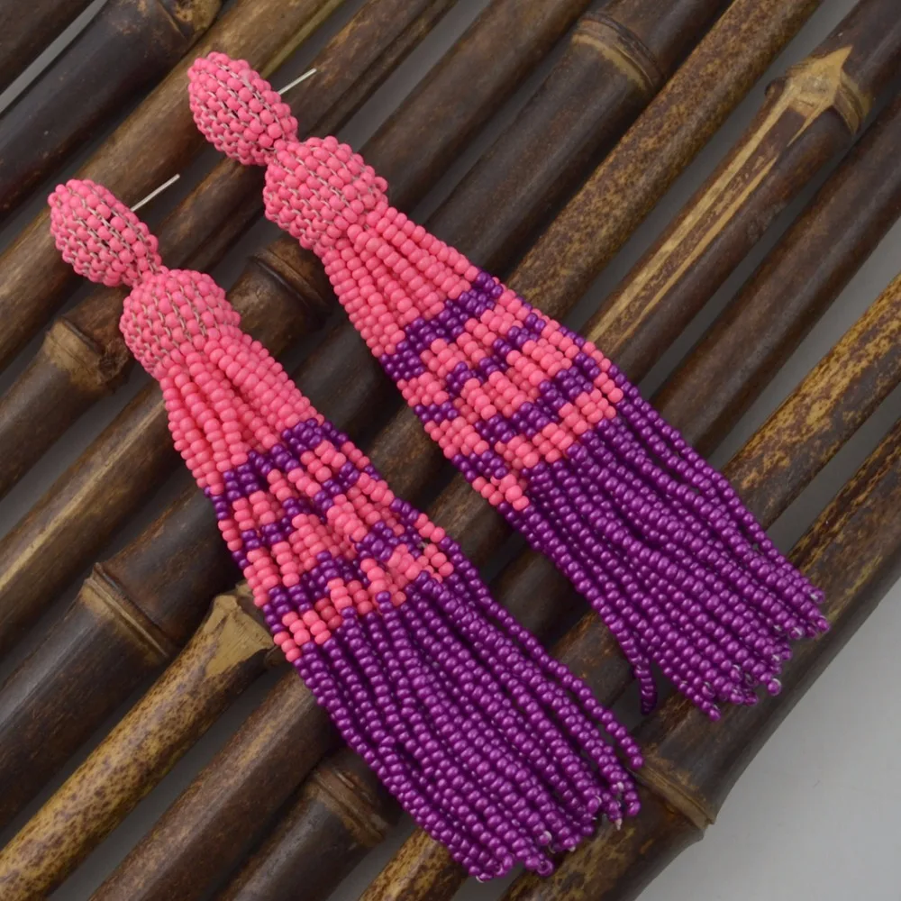 Boho Handmade Colorful Seed Beads Earrings For Women Wedding Ethnic Big Beaded Long Tassel Drop Earrings Statement Jewelry Gifts
