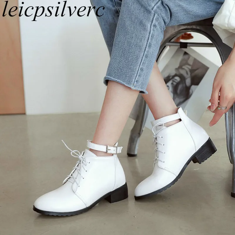

Women Boots Autumn Winter Med Heel Warm Pu Round Toe Lace Up Ankle Buckle Chelsea Shoes 2018 Sexy Fashion Casual Black Green