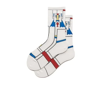 

Mens happy socks White Cotton Socks with Abstract Artistic Feeling Lines Hand-painted Modern Wind Socks Robot Patterns Socks