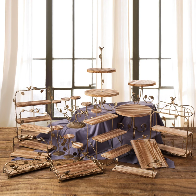 Wood Cake Stands Dessert Tray Bread Baking Shop Display Plates Wedding Home Party Table Decoration Metal Cupcake Stand 1pcs
