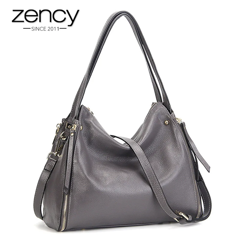 Bolsa de Ombro Zency Moda Feminina Real Macio 100% Couro Natural Hobos Senhoras Crossbody Mensageiro Bolsa Cinza Alta Qualidade