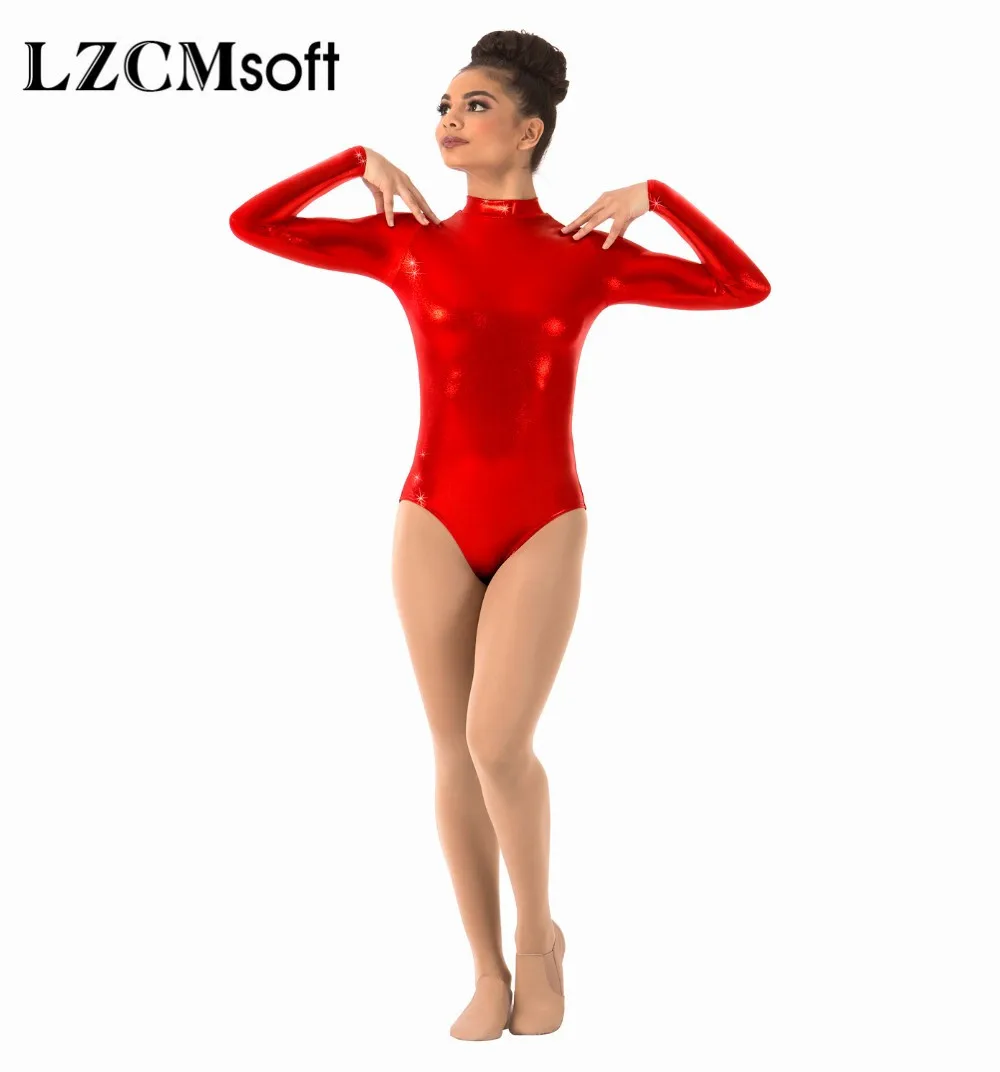 Lzcmsoft المرأة فضية لامعة لامع المدورة الجمباز يوتار الباليه الرقص ثياب طويلة الأكمام ل فريق الرياضي