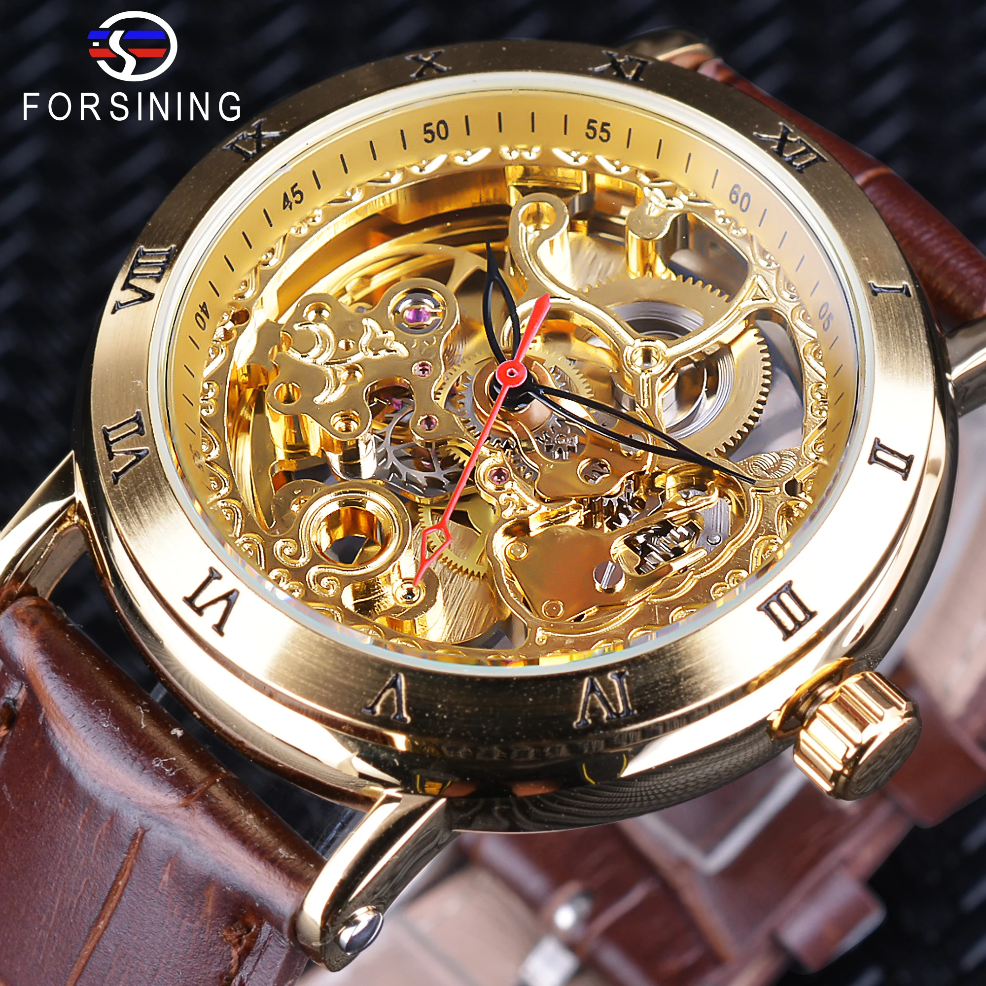 

Forsining Retro Golden Flower Luxury Skeleton Watch Hollow Mechanical Wristwatches Brown Genuine Leather Belt Black Red Pointer