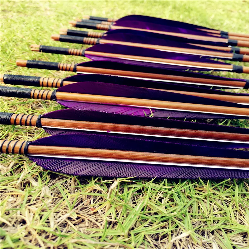 12 Pcs Archery Handmade Hunting Purple Feather Bamboo Arrows For