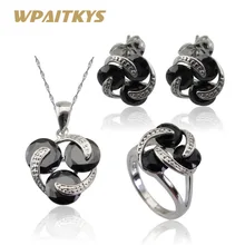Черный кубический цирконий серебряный цвет Ювелирные наборы ожерелье/кулон/серьги/кольца для женщин подарочная коробка WPAITKYS