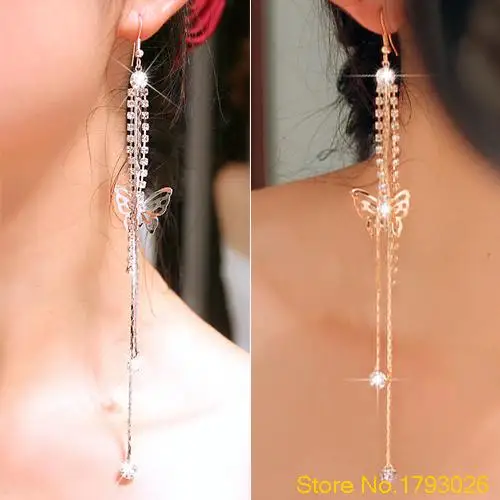 Cute Butterfly Rhinestone Drop Long Tassels Chain Women's Harness Earrings 4TPI | Украшения и аксессуары