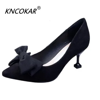 

KNCOKAR Spring New European And American Pointed Light Mouth Fashion Work Shoes Bow Suede Women's Shoes Cat Heels