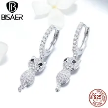 BISAER, серьги в виде животных, 925 пробы, серебро, кошка, киска, серьги-гвоздики, Ослепительный CZ Кристалл, животное, кошка, серьги серебряные украшения ECE519