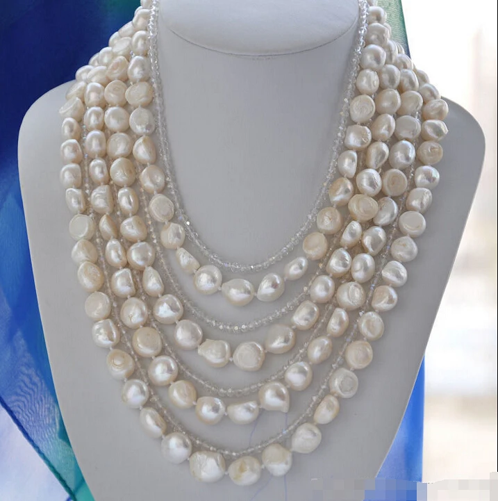 

FREE SHIPPING * 8row 25" 15mm WHITE BAROQUE freshwater pearl faceted crystal necklace