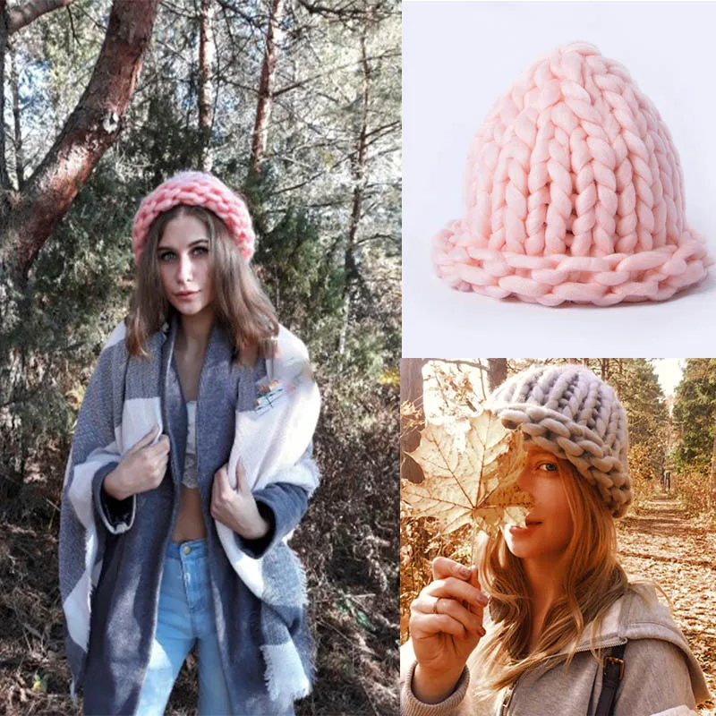 

Women Fashion Winter Wool Hat Cap Female Outdoor Warm Hats Handmade Thick Coarse Lines Knitted Beanie Caps