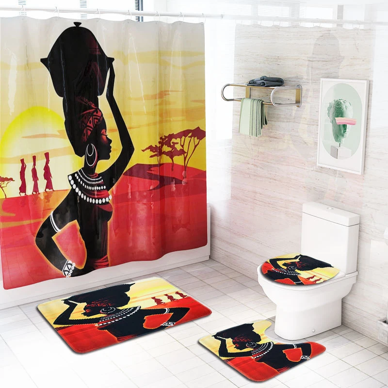 

4pcs / Set Turtles Printed Pattern Shower Curtain Pedestal Carpet Lid Toilet Cover Mat Bath Set Bathroom Curtains with 12 Hooks
