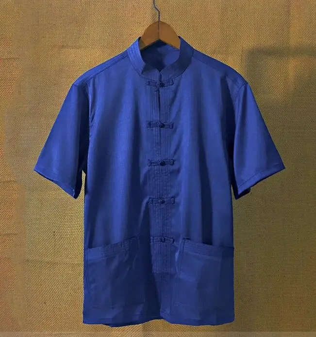 Классические мужские однобортные рубашки размера плюс синего цвета с коротким рукавом и воротником-стойкой для боевых искусств Кунг-футай Чи - Цвет: blue