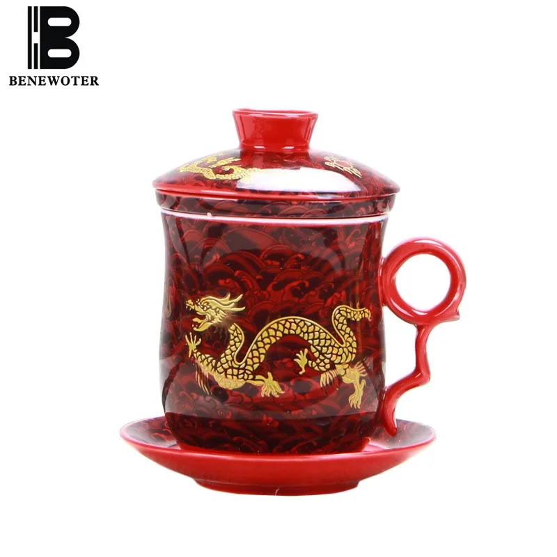 Royal Style Tea Mug with Lid Filter Saucer Set Hand Painted Dragon Pattern Ceramic Porcelain Drinkware Teaware Coffee Milk Cups | Дом и сад