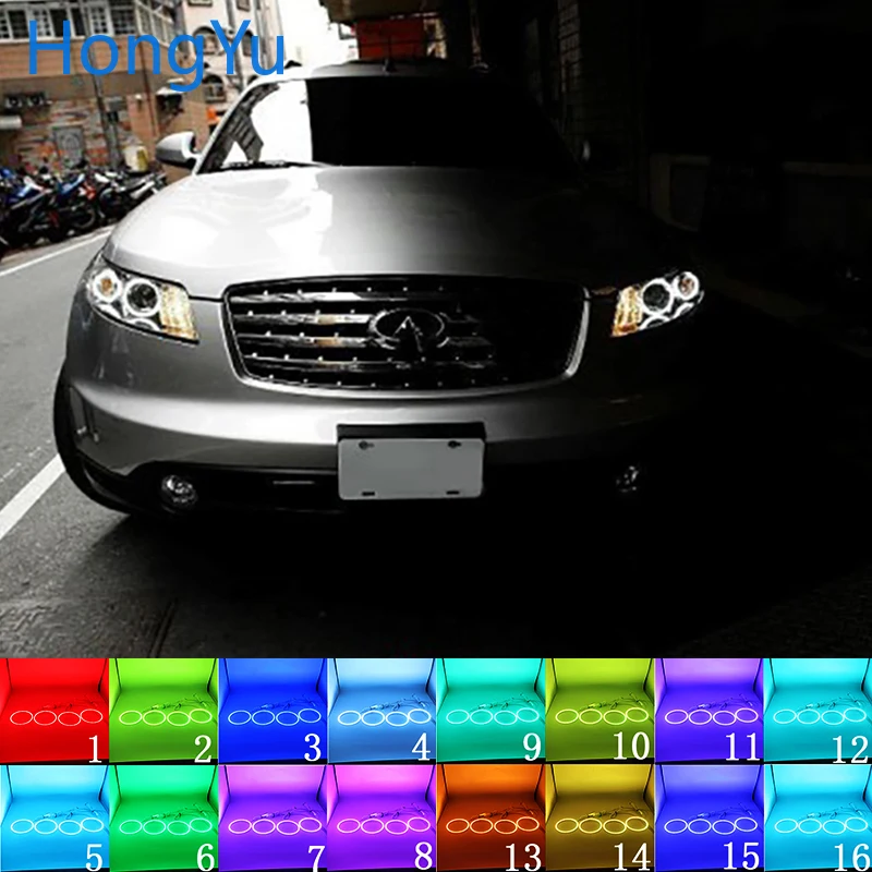 

Latest Headlight Multi-color RGB LED Angel Eyes Halo Ring Eye DRL RF Remote Control for INFINITI FX35 FX45 2003-2008 Accessories