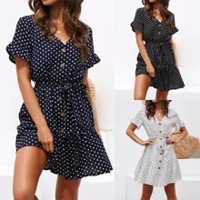 2019 New Arrival Fit And Flare Dot Knee-length Summer Dress Vestidos Women Dresses Sexy Wave Point V-neck Lace-up Chiffon 2019 New Arrival Fit And Flare Dot Knee-length Summer Dress Vestidos Women Dresses Sexy Wave Point V-neck Lace-up Chiffon