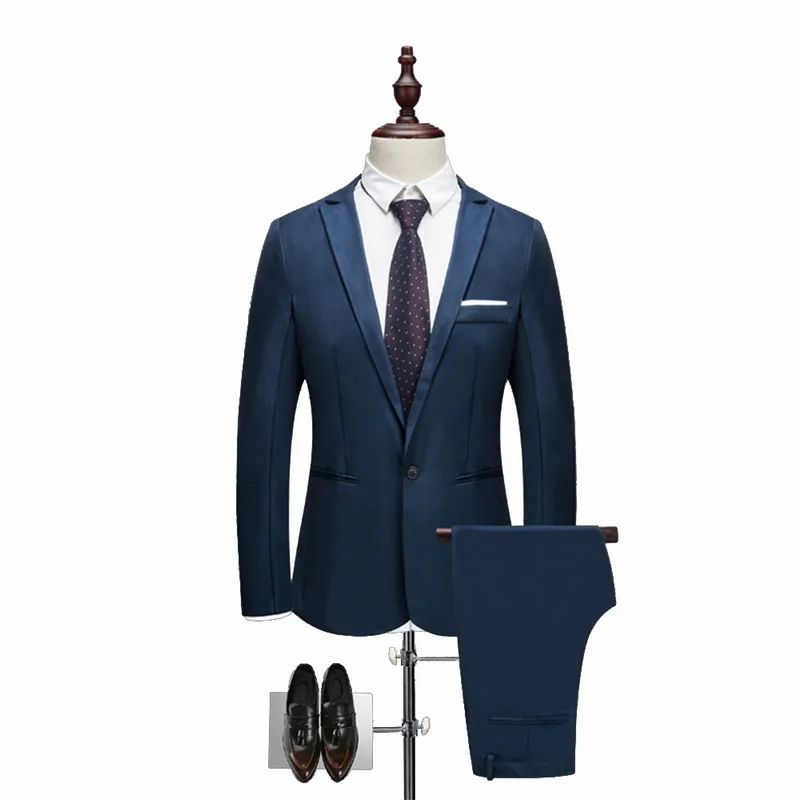 HEFLASHOR Luxury Men Wedding Suit Male Blazers Slim Suits For Men Costume Business Formal Party Blazers Sets(Jacket+Pant) 3XL - Цвет: Navy Blue