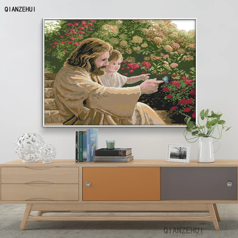

QIANZEHUI,Needlework,DIY Jesus and a kid Cross stitch,Sets For Embroidery kits l Cross-Stitching,Wall Home Decro