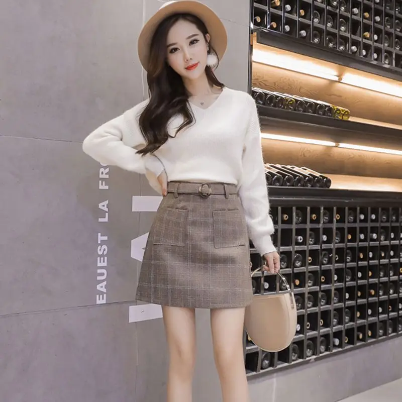 Women High Waist Skirt Slim Female Mini Skirt Wool Plaid Skirt Pocket Skirt