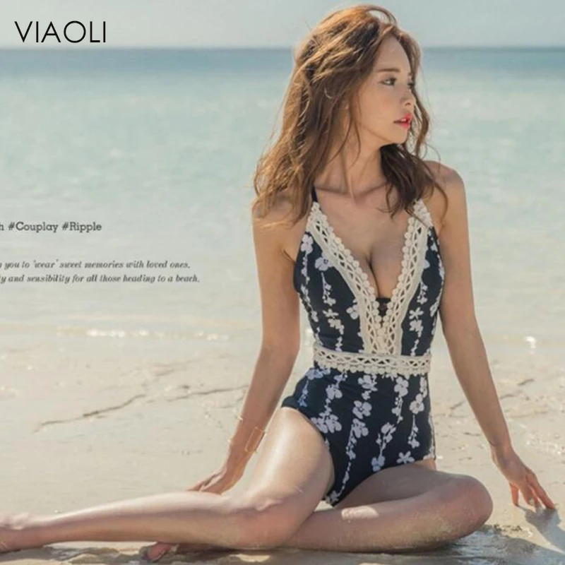 

Black Print 2018 Sexy One Piece Swimsuit Solid Female Women Fused Swimwear Backless White Lace Brazilian May Bather Monokini XL
