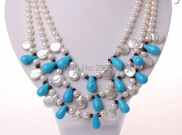 

huij 00919 classic 3rows white round freshwater pearl blue turquoise necklace