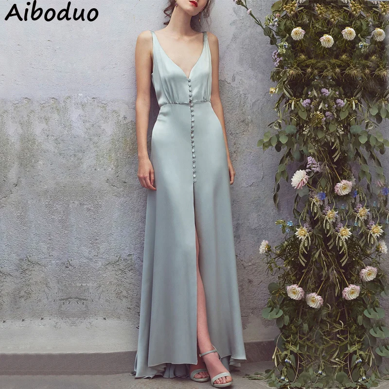 

Sexy Fashion Satin Long Dress Women Summer Spaghetti Strap V-neck Button Beach Party Dress Maxi Vestidos Female Club Clothing