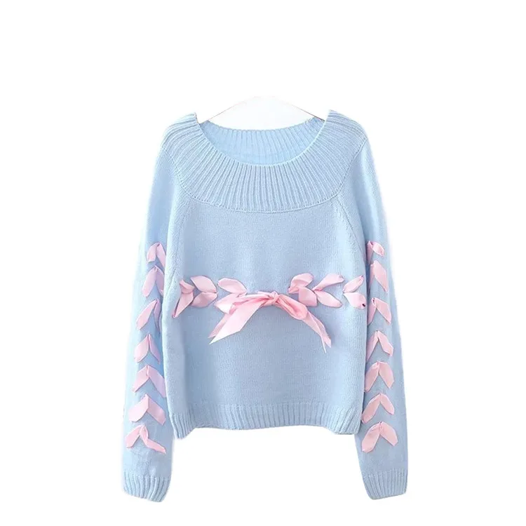 Merry Pretty осень зима женские свитера сестра на шнуровке ленты Элегантный дизайн милые вязаные пуловеры сплошной розовый укороченный свитер