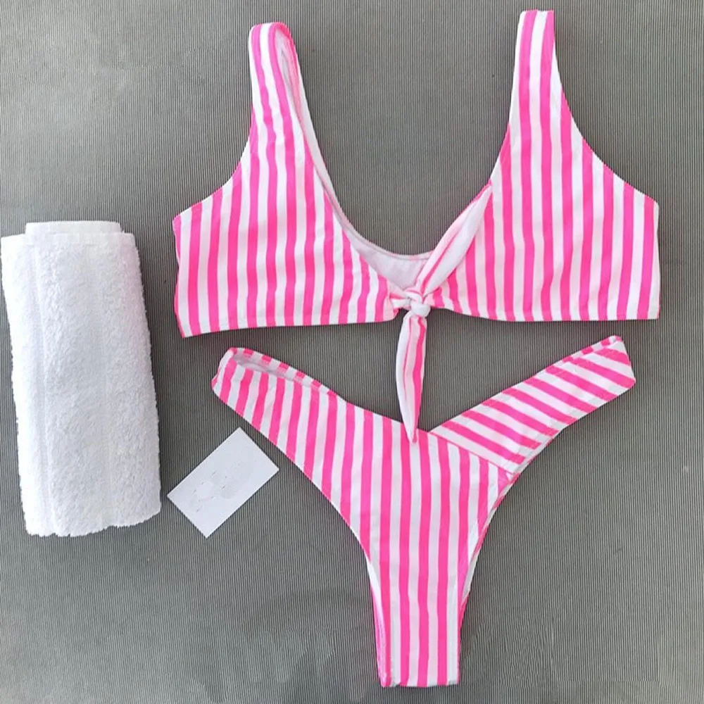 

Pink striped bow Brazilian Bikini Push Up bandage Swimsuit Casual Women Swimsuit Print Bikini Set Bandage Skinny Bodysuits#YL5