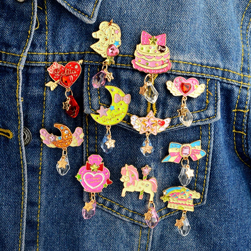

1SET Pink heart moon star cake bow cute pins Brooches Badges Hard enamel lapel pins Kawaii jewelry Gift for girls