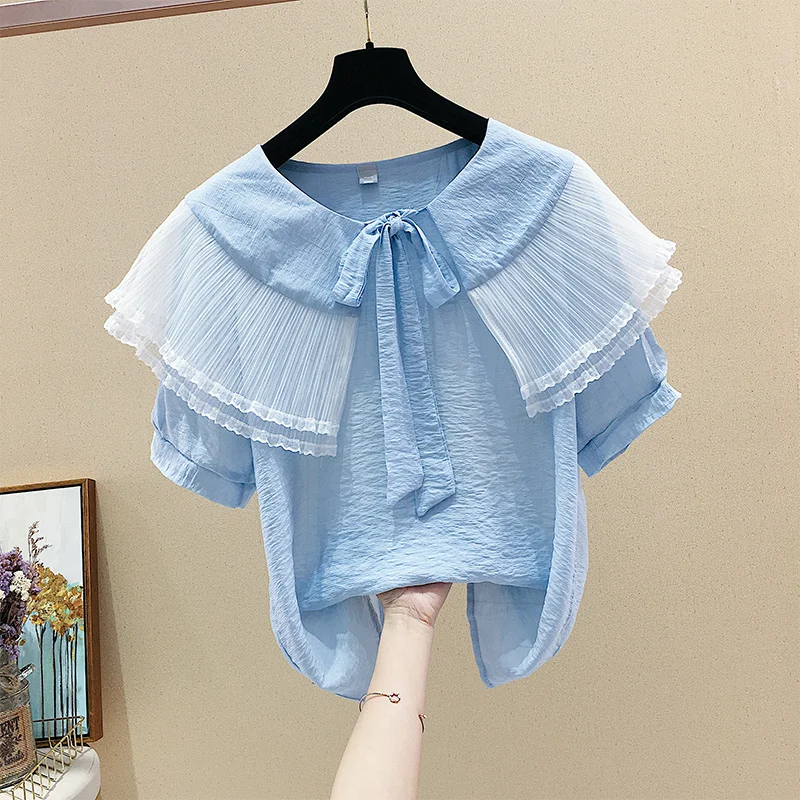 

2019 Summer Chiffon Blouse Women Short Sleeve Mesh Patch Peter Pan Collar Bow Tie Shirt Cute blusas mujer elegant Women clothes