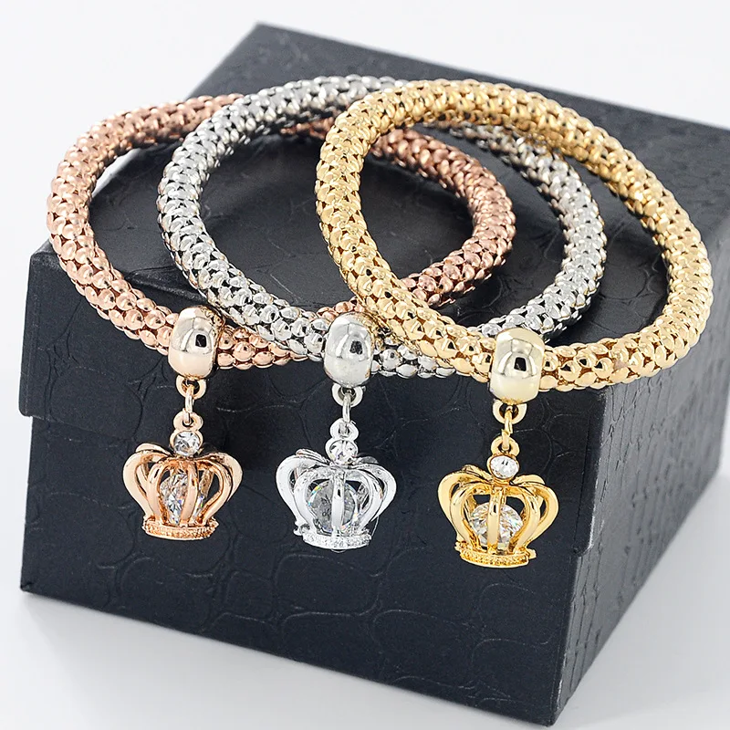 

2018 New 1set (3pcs) Fashion Crown Pendant Bracelets Popcorn Corn Chain Bracelets 3 colors bracelets Women Jewelry Gifts