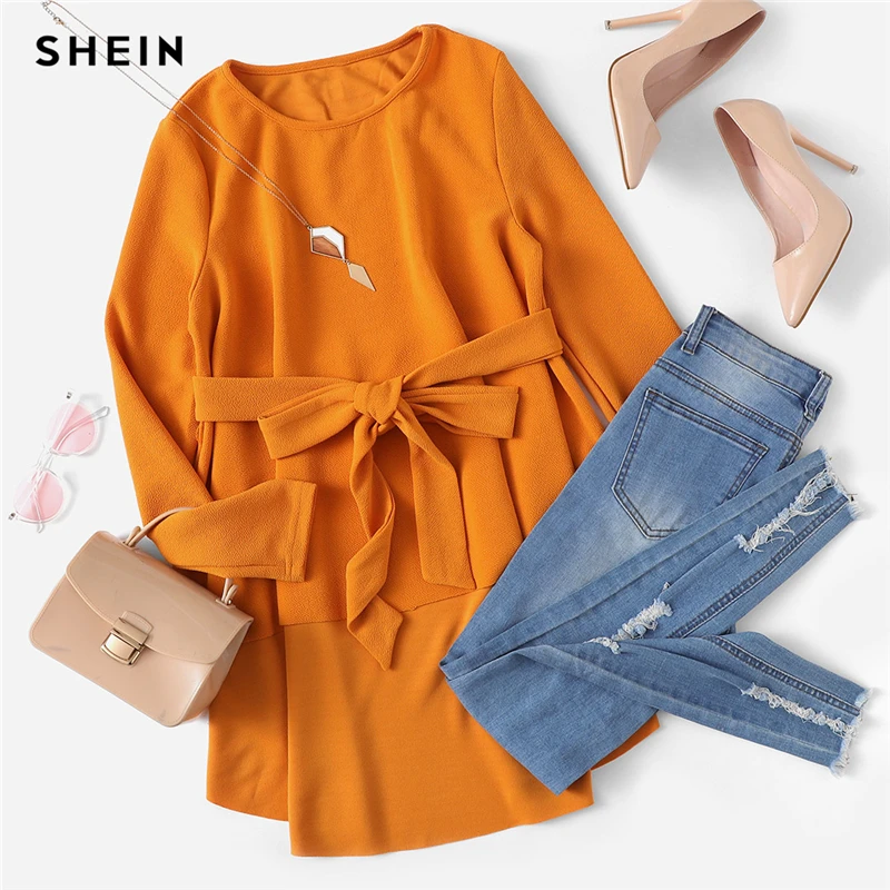 SHEIN, имбирный Асимметричный топ с поясом, Повседневная блуза с длинным рукавом и круглым вырезом, Женская Осенняя элегантная офисная блуза