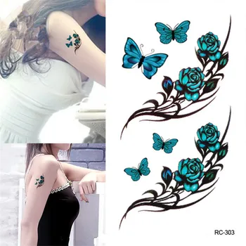

KESMALL 30Pc Sexy Blue Rose Butterfly Temporary Tattoo Sticker Retro Body Art Ankle Tattoos Waterproof Fake Tattos Sticker CO551