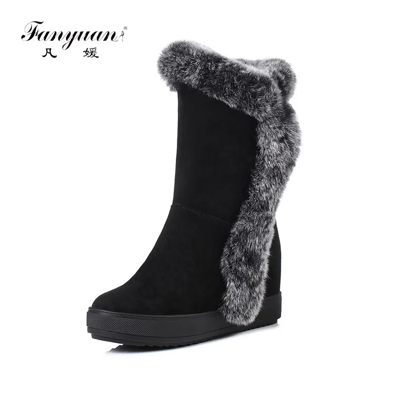 

fanyuan flock round toe increasing zipper big size fur snow boots platform wedge winter shoe elegant solid women mid-calf boots