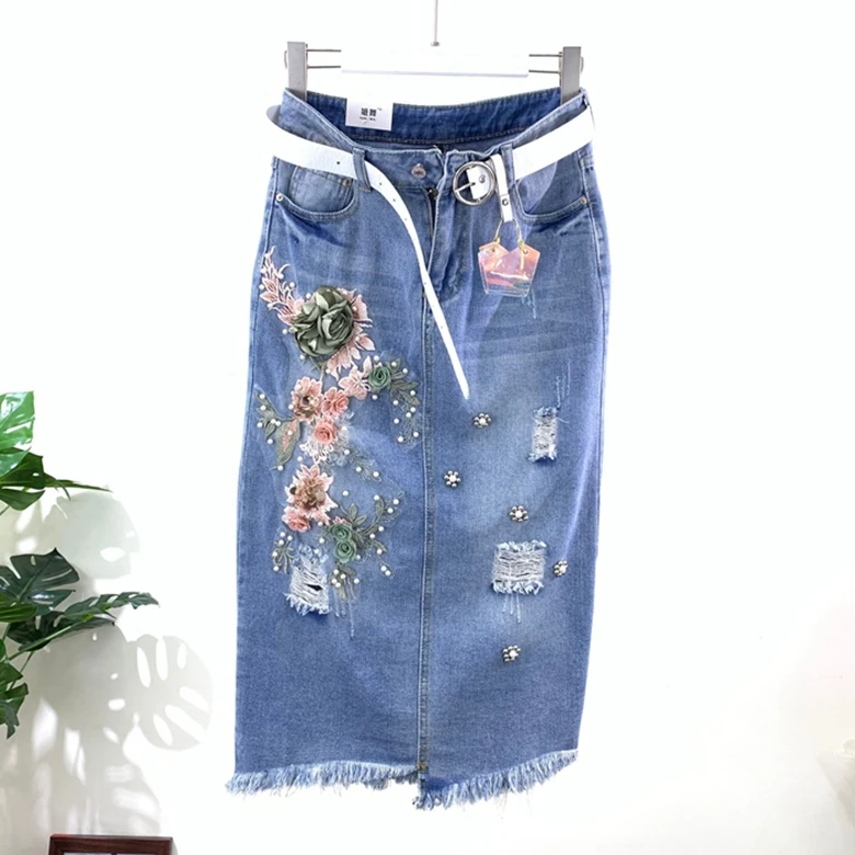 SexeMara/Новая Модная Джинсовая юбка с объемными пайетками и дырками, бесплатная доставка