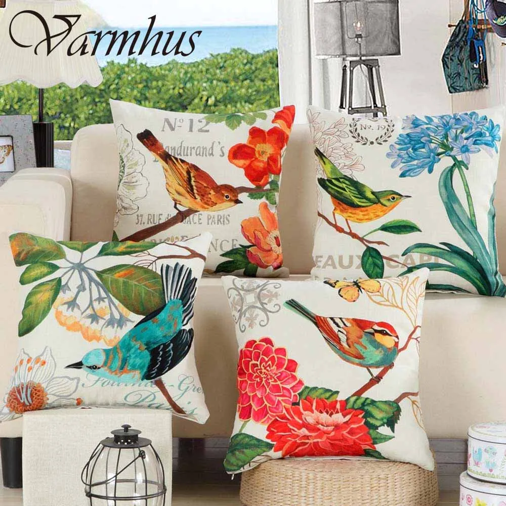 Varmhus Rustic Flowers Bird Pattern Comfortable Cotton Linen Back Throw Pillow Case Home
