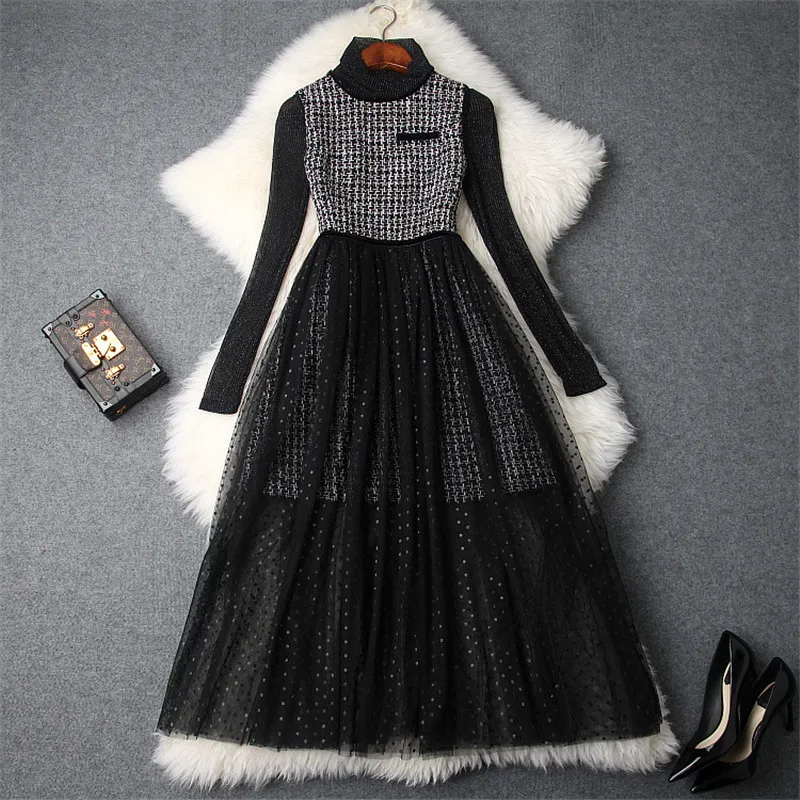 Брендовое дизайнерское платье для подиума, Осень-зима, комплект из 2 предметов, Женский Топ с длинным рукавом+ твидовое шерстяное платье на бретелях, винтажное сексуальное платье из тюля