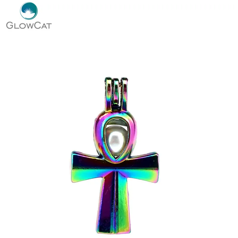 

C677 5pcs/lot Rainbow Color Egyptian Ankh Cross Pearl Beads Cage Locket Pendant Pearl Locket Fairytale Party