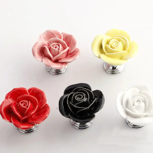 Ceramic Rose Flower Knob Decorative Furniture Knob Floral Dresser