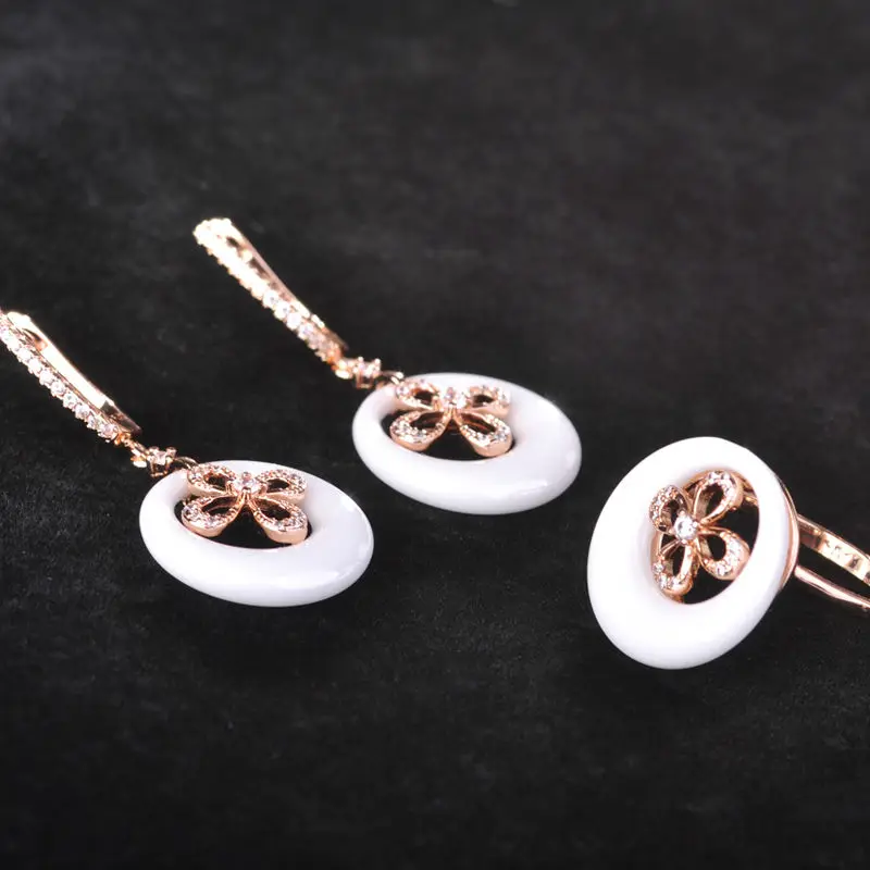 Blucome Zircon Rose Gold Color White Ceramic Jewelry Set Hollow Out Flower Earrings Ring Sets For Women Copper Wedding Jewelry