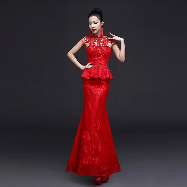 Buy Red Lace Chinese Evening Gown Sexy Qipao Long Modern Cheongsam Oriental