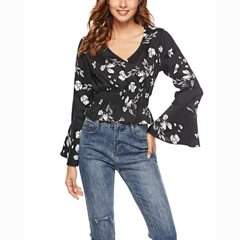 

2018 Women Sexy Deep V-Neck Tops Autumn Fashion Flower Print Crossing Top Long Flare Sleeve Casual Tees Ladies Short T-Shirts H