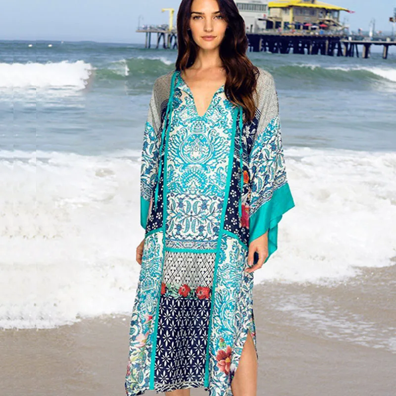 Women Loose Dresses Swimsuit Cover Ups 2019 New Summer Printed Blue Beach Dress Bohemia Loose