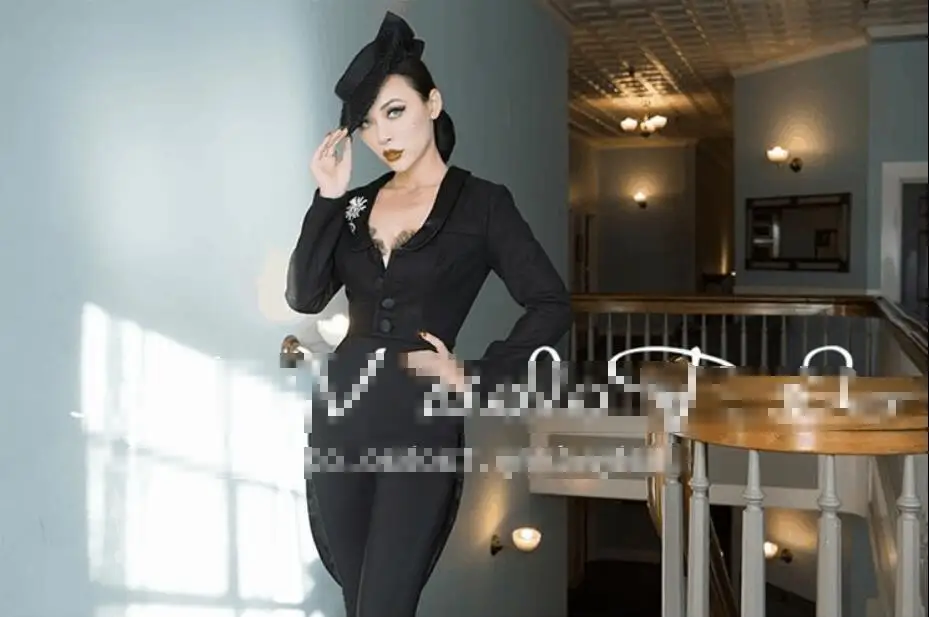 Ретро черная шерстяная была тонкая женская сексуальная мода Новая рабочая куртка кроя «Ласточкин хвост» Хепберн Топ костюм