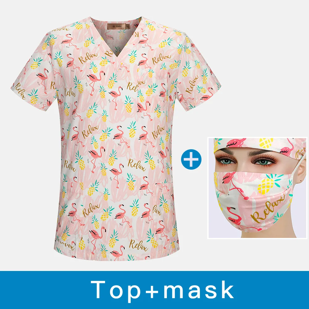 Больничная Спецодежда для медсестер Топы женские скраб-топ с v-образным вырезом хлопок дышащий Фламинго печать хирургическая медицинская форма для женщин оптом - Цвет: top mask