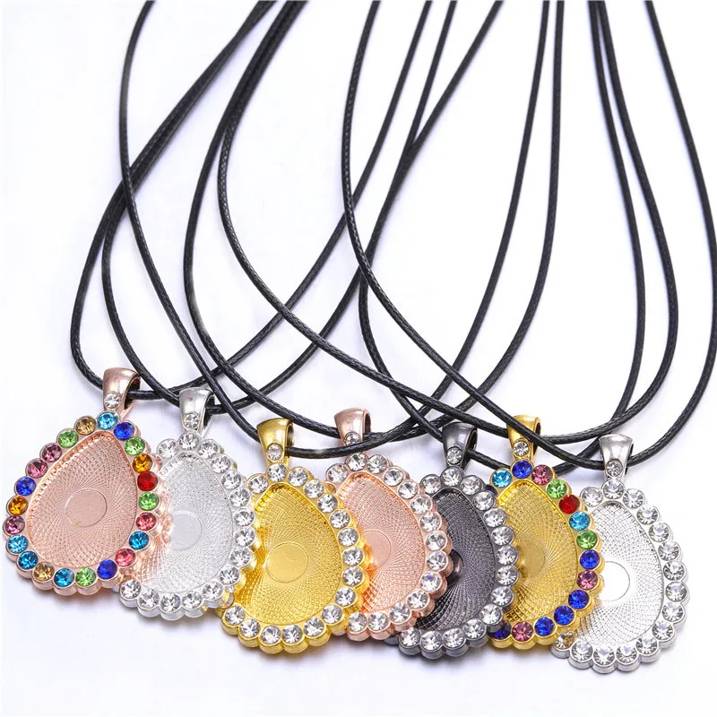 1/2/5pcs 18x25mm Water Droplets Colorful Brick Zircon Cabochon Tray Bezel With 45mm Leather Rope Necklace DIY Jewelry Making | Украшения и