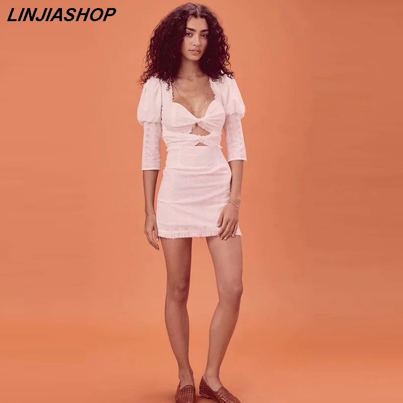 

Vintgae white short party dress hollow out backless lantern sleeve hight waist women dress elegant 2019 summer blogger style