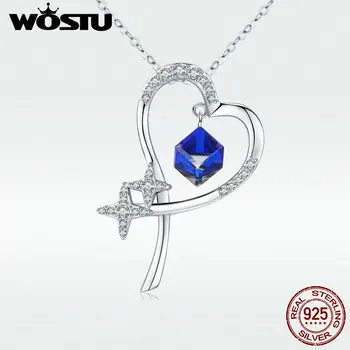 

WOSTU 925 Sterling Silver Heart Blue Crystal Pendant Necklaces Long Chain For Women Wedding Lover Gift Silver 925 Jewelry DXN323