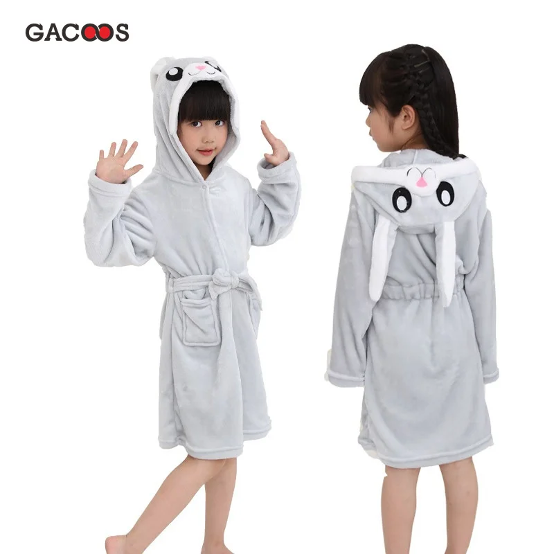 Новые зимние банные халаты для больших мальчиков и девочек, детские фланелевые пижамы с капюшоном и единорогом, длинные халаты для мальчиков-подростков, пижамы с героями мультфильмов - Цвет: grey rabbit